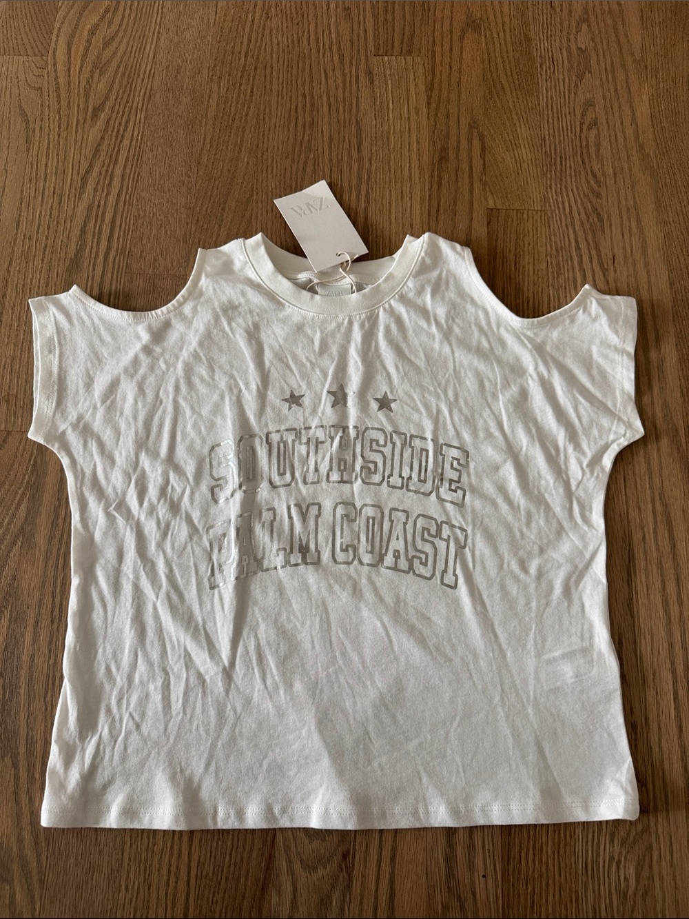 Zara White Cold-Shoulder Southside Palm Coast Tee with Gray Print